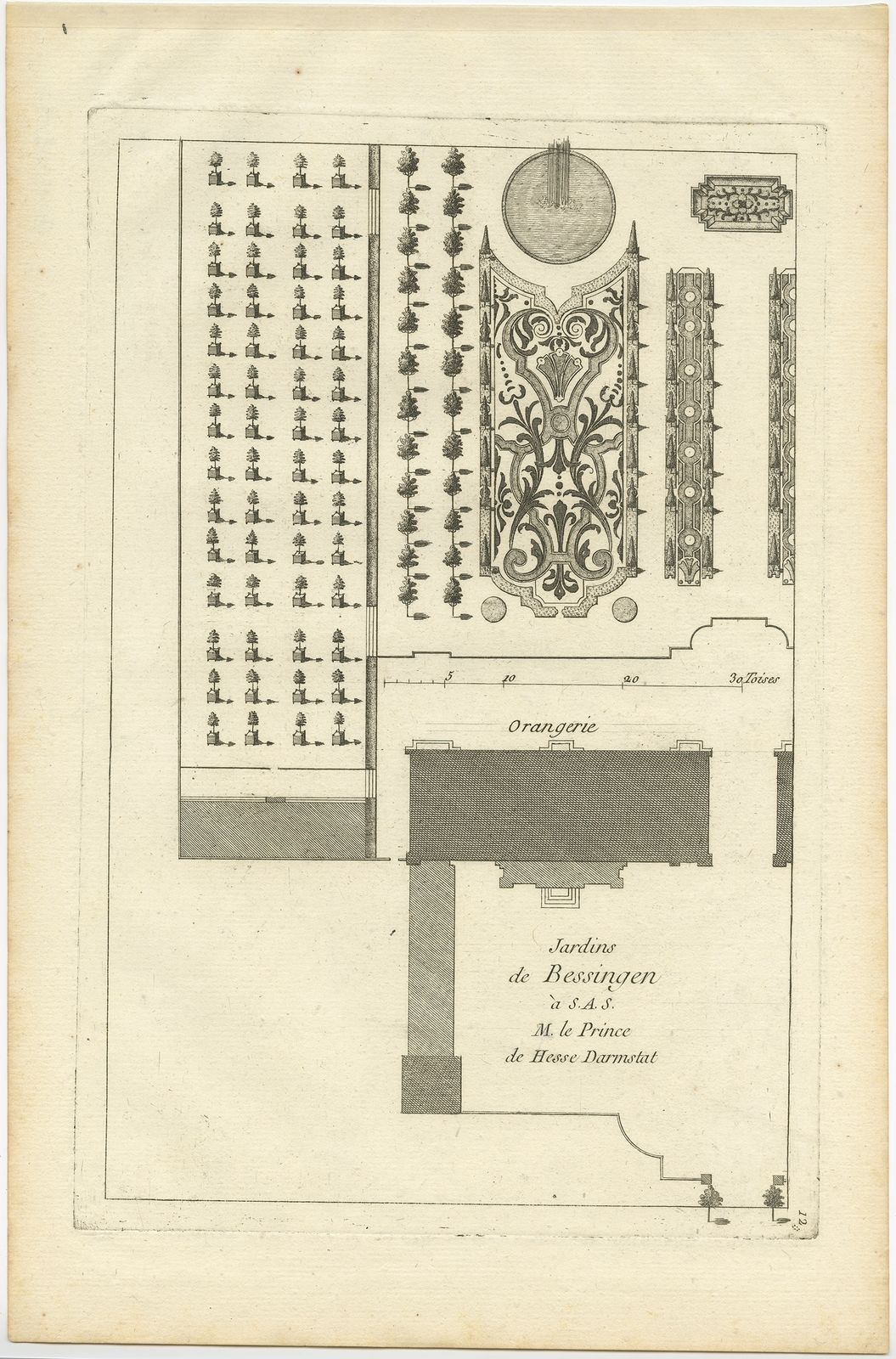 Pl. 12 Antique Print Of An Orangery And Garden Plan By Le Rouge (C.1785)