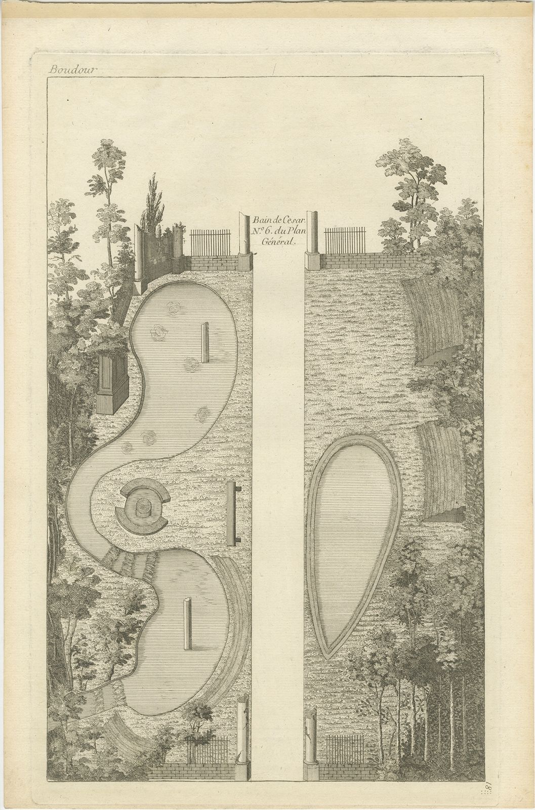 Pl. 18 Antique Print Of A Garden Design By Le Rouge (C.1785)