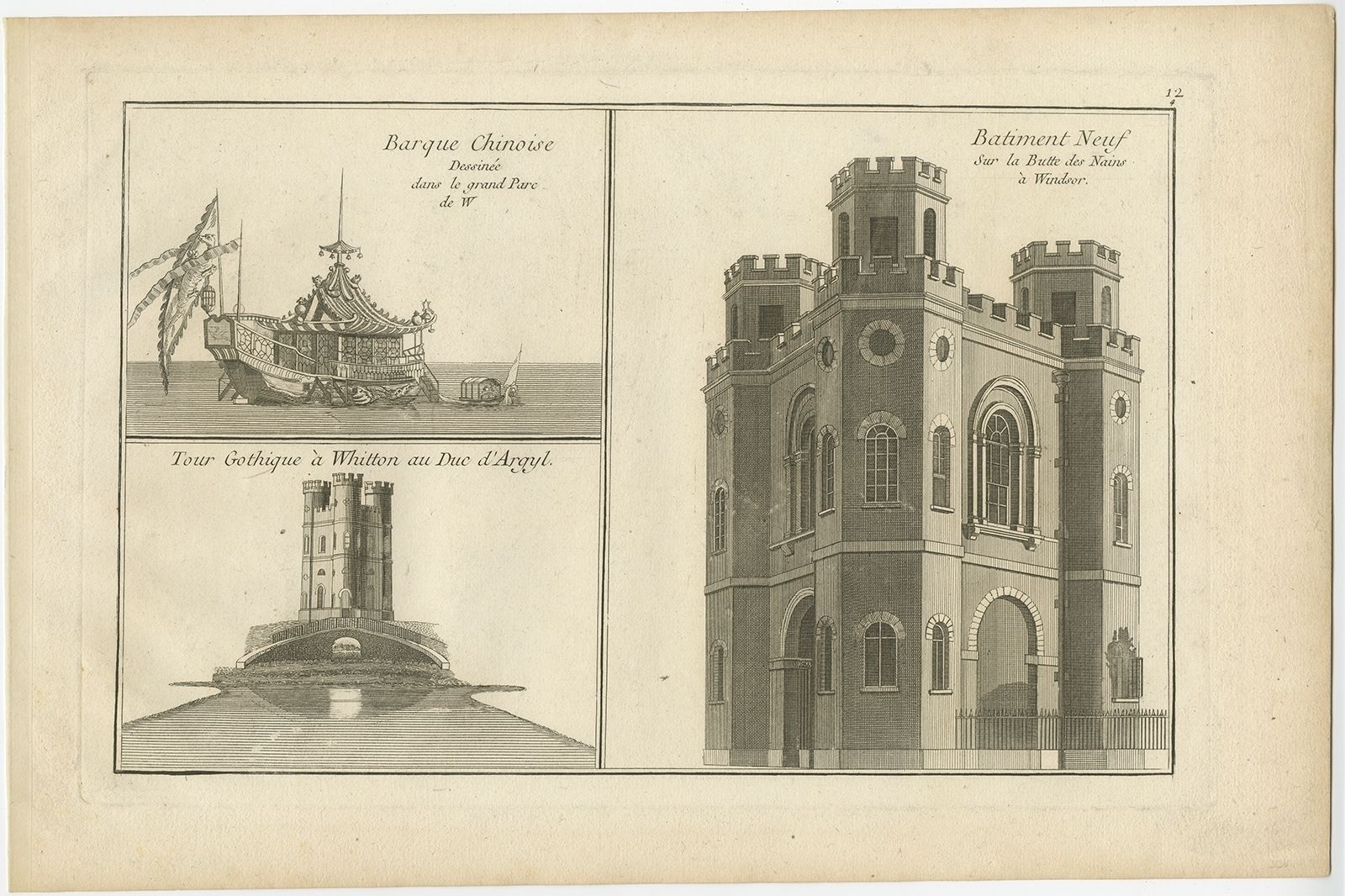 Pl. 12 Antique Print Of A Chinese Boat, Gothic Tower And Other Building By Le Rouge (C.1785)