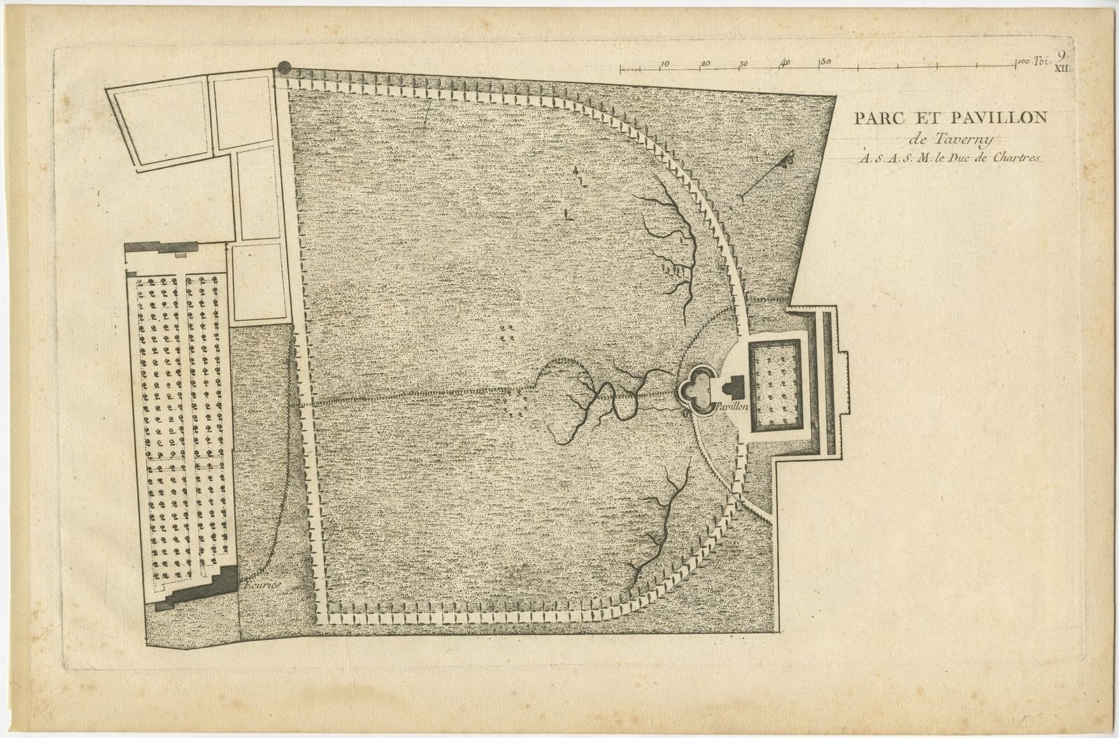 Pl. 9 Antique Print Of The Park And Pavilion Of Taverny By Le Rouge (C.1785)