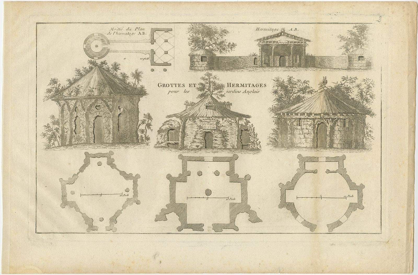 Pl. 3 Antique Print Of Caves And Hermitages For English Gardens By Le Rouge (C.1785)