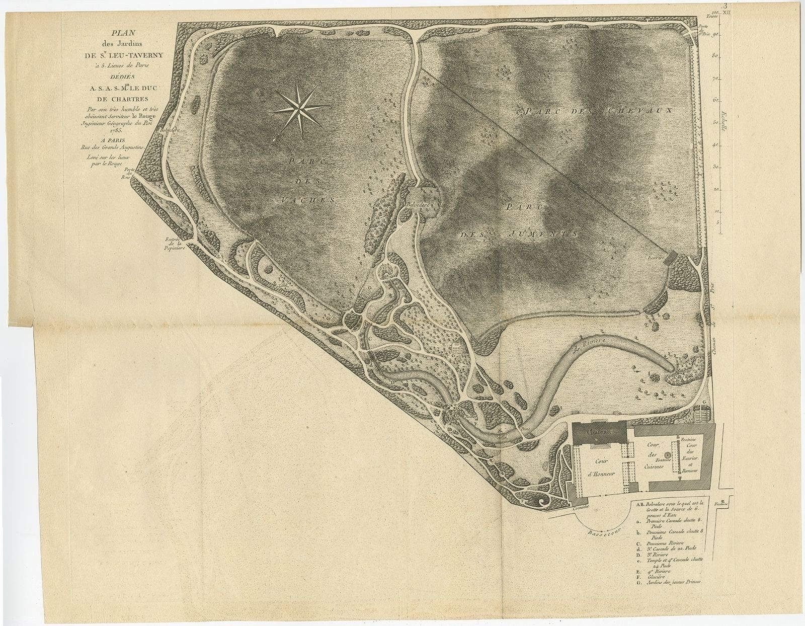 Pl. 3 Antique Print Of The Gardens Of Saint Leu Taverny By Le Rouge (C.1785)
