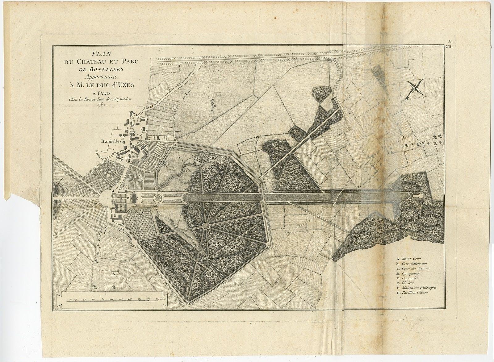 Pl. 27 Antique Print Of Château De Bonnelles By Le Rouge (C.1785)