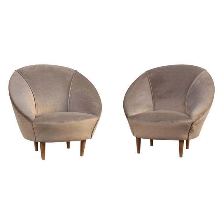 Federico Munari Midcentury Armchairs Bronze Velvet Curved Wooden Feet, 1950s photo furniture