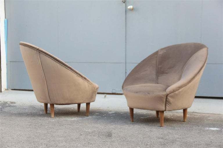 Federico Munari Midcentury Armchairs Bronze Velvet Curved Wooden Feet, 1950s