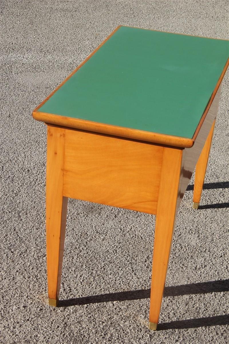 Mid Century Small Desk In Beech Wood With Green Laminate Top Brass Foot photo vinterior