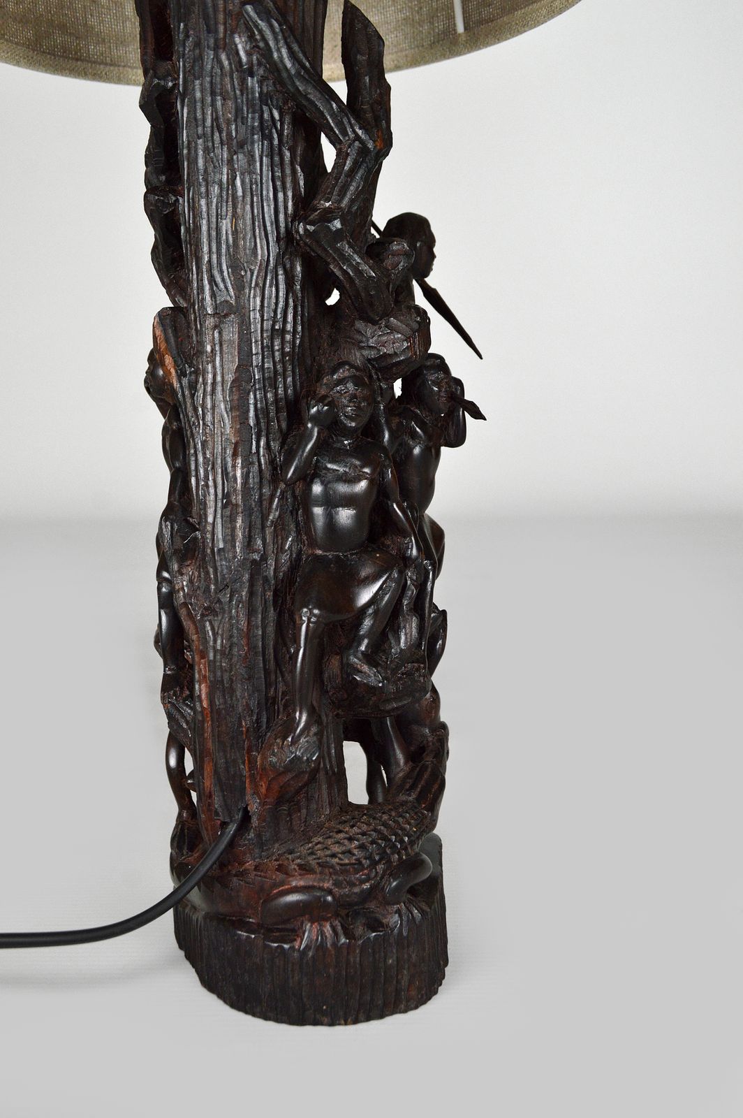 African Carved Ebony Wood Sculpture / Lamp, "Hunters, Buffalo And Crocodile" photo vinterior