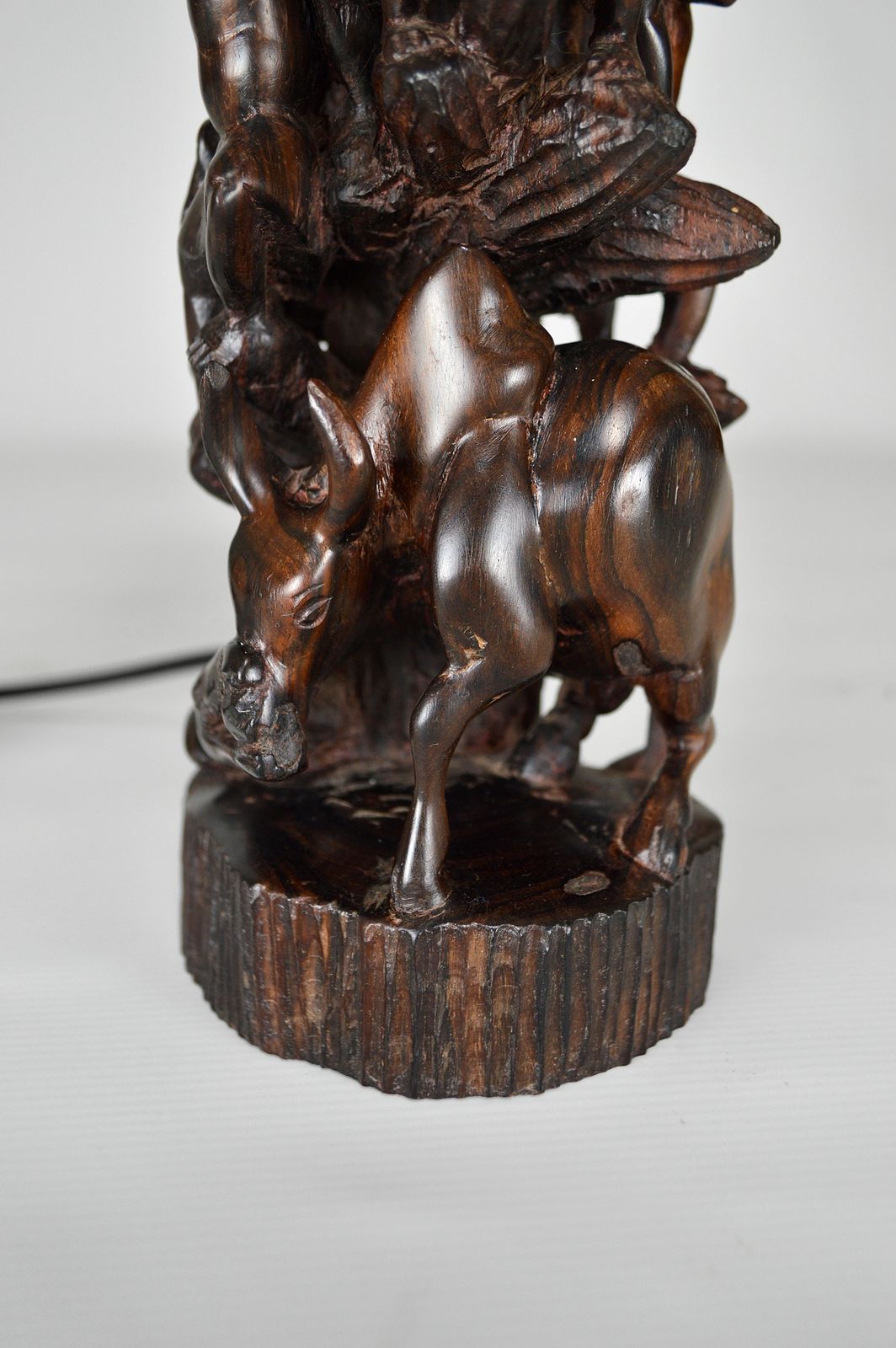 African Carved Ebony Wood Sculpture / Lamp, "Hunters, Buffalo And Crocodile" photo buy