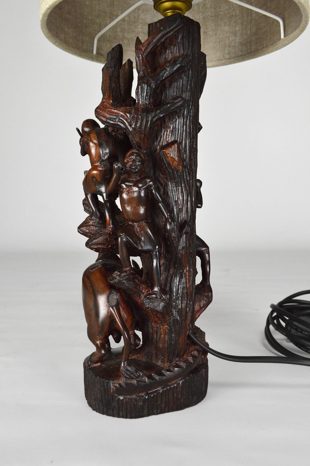 African Carved Ebony Wood Sculpture / Lamp, "Hunters, Buffalo And Crocodile" photo vintage