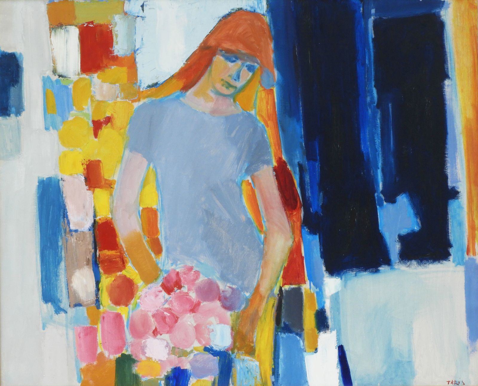 Large Mid Century Painting Portrait Of A Young Woman C1960 Acrylic On Canvas photo for sale