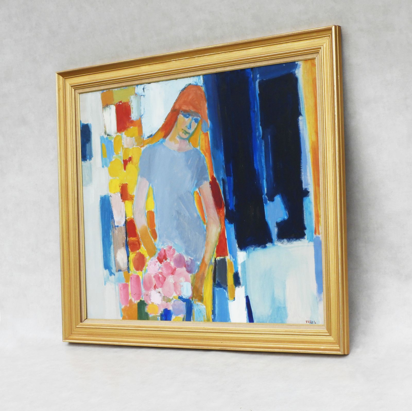 Large Mid Century Painting Portrait Of A Young Woman C1960 Acrylic On Canvas photo vintage