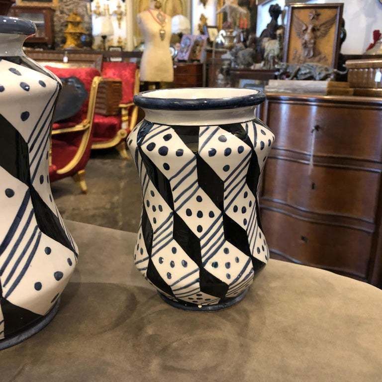 Set Of Three Unique Pieces Hand Painted Sicilian Terracotta Albarello Vases photo for sale