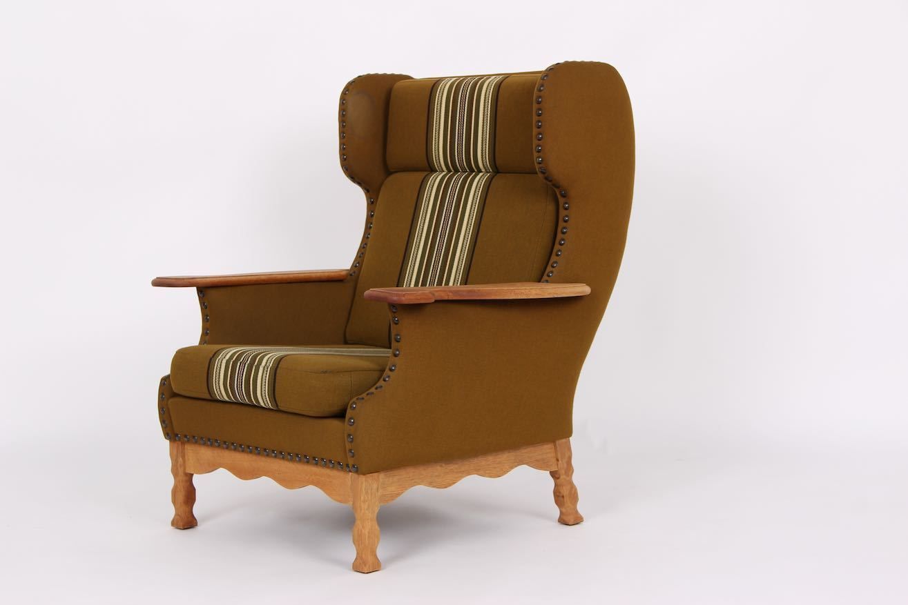 Danish Loungechair, 1970 Design In Solid Oak And Wool Fabric. photo for sale