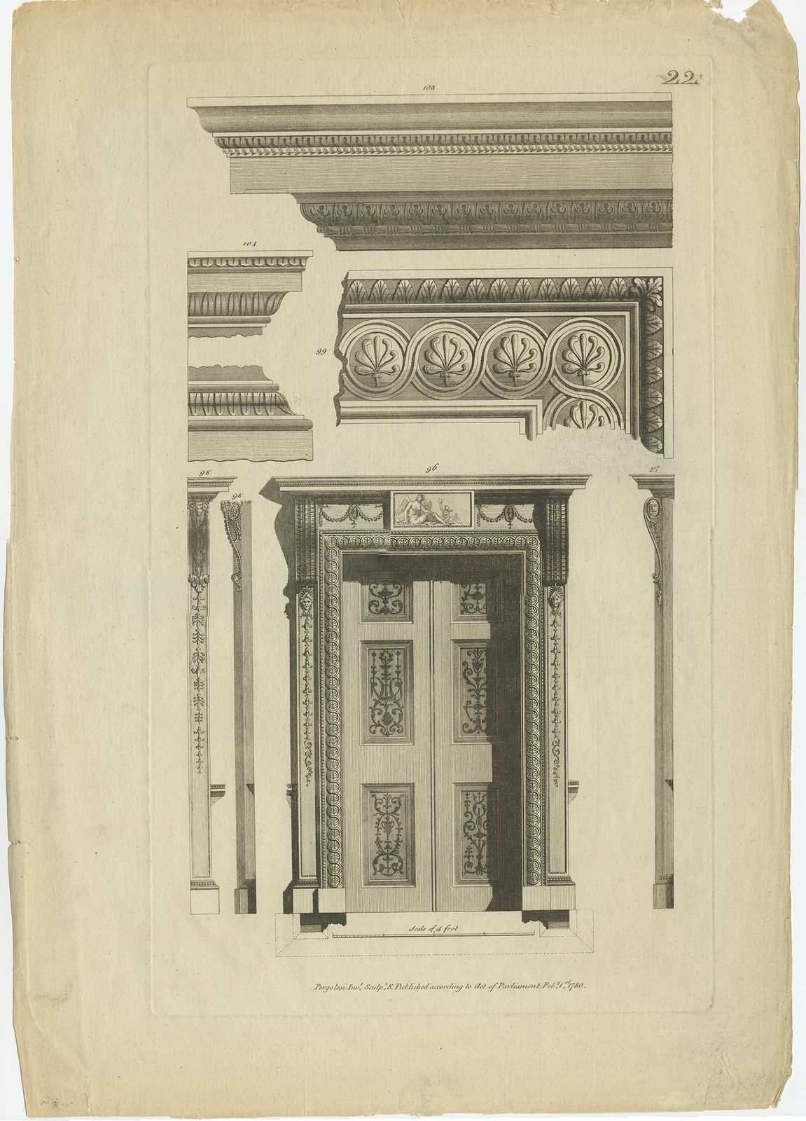Antique Print Of 18th Century Architecture Elements By Pergolesi (1780)