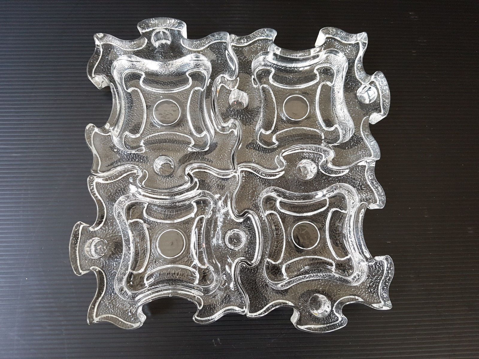 Suite Of 4 Candle Holders Ashtrays Glass Puzzle Cascade 1970 Vintage 70s 70s