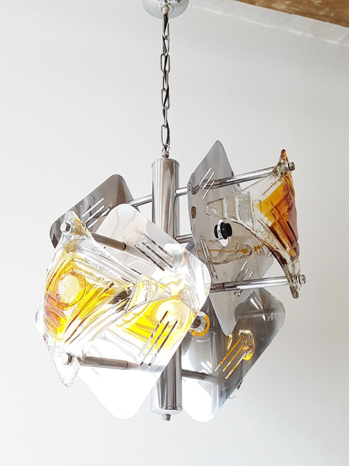 photo for sale Ceiling Chandelier Mazzega In Murano Glass & Steel 1970 Vintage Space Age 70s