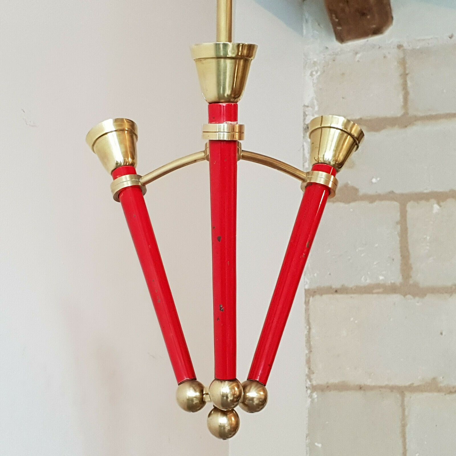 French Ceiling Light With Flambes Vintage 1950 Gold Brass & 50s Steel