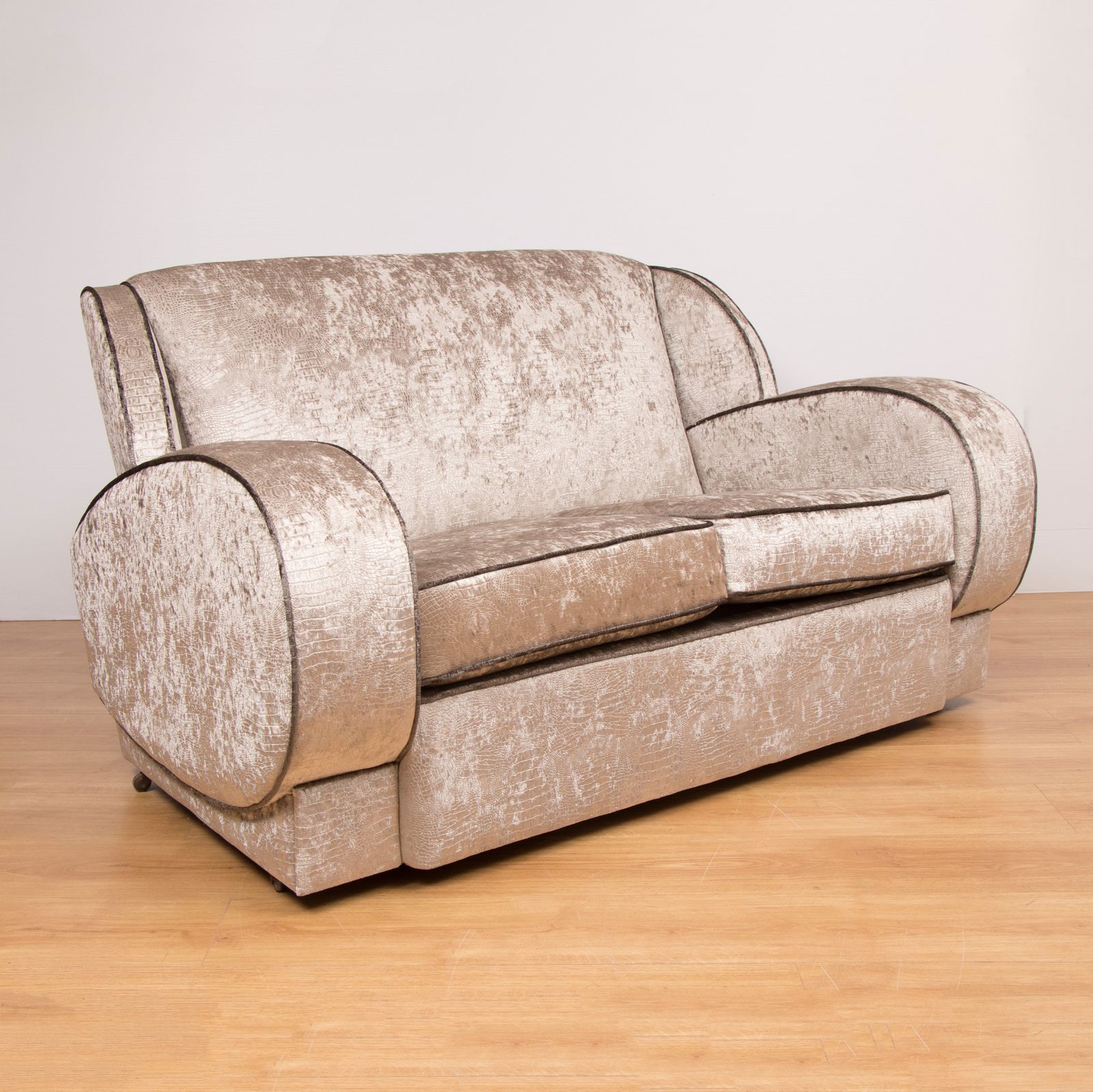 British Art Deco Sofa Newly Upholstered In A Silver Snakeskin Style Fabric photo for sale