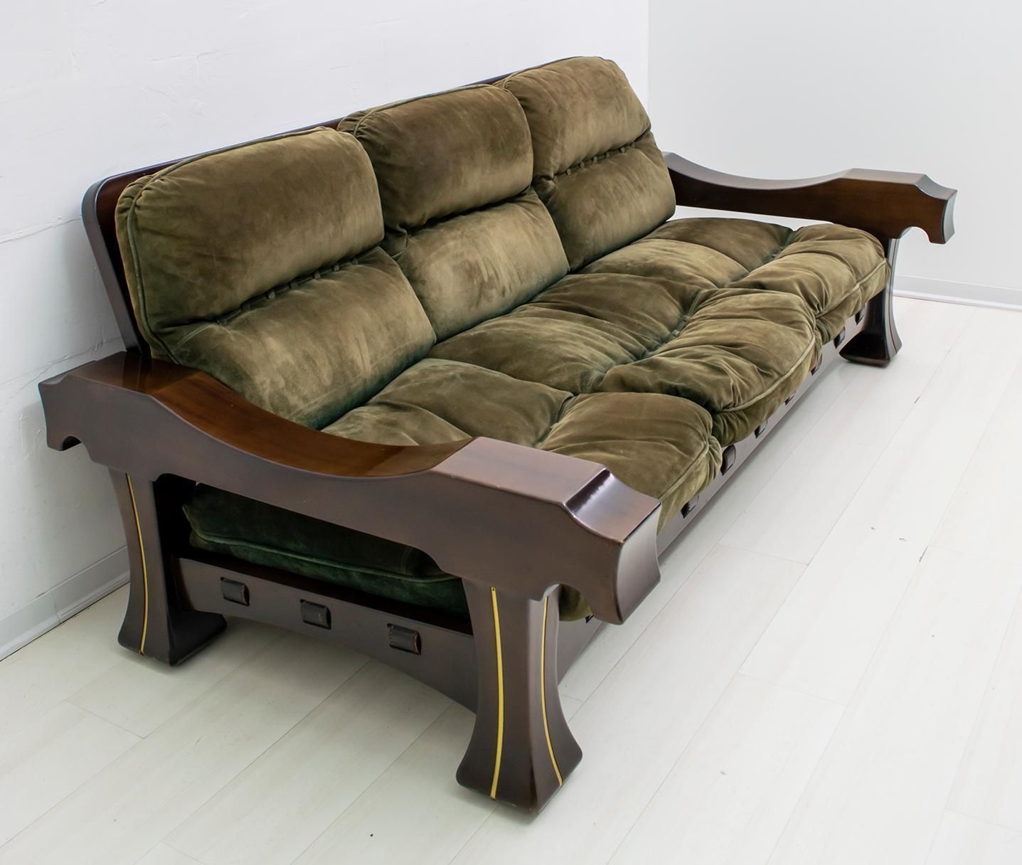 Luciano Frigerio Mid Century Modern Italian Wood And Suede Sofa "Ussaro", 1970s photo furniture