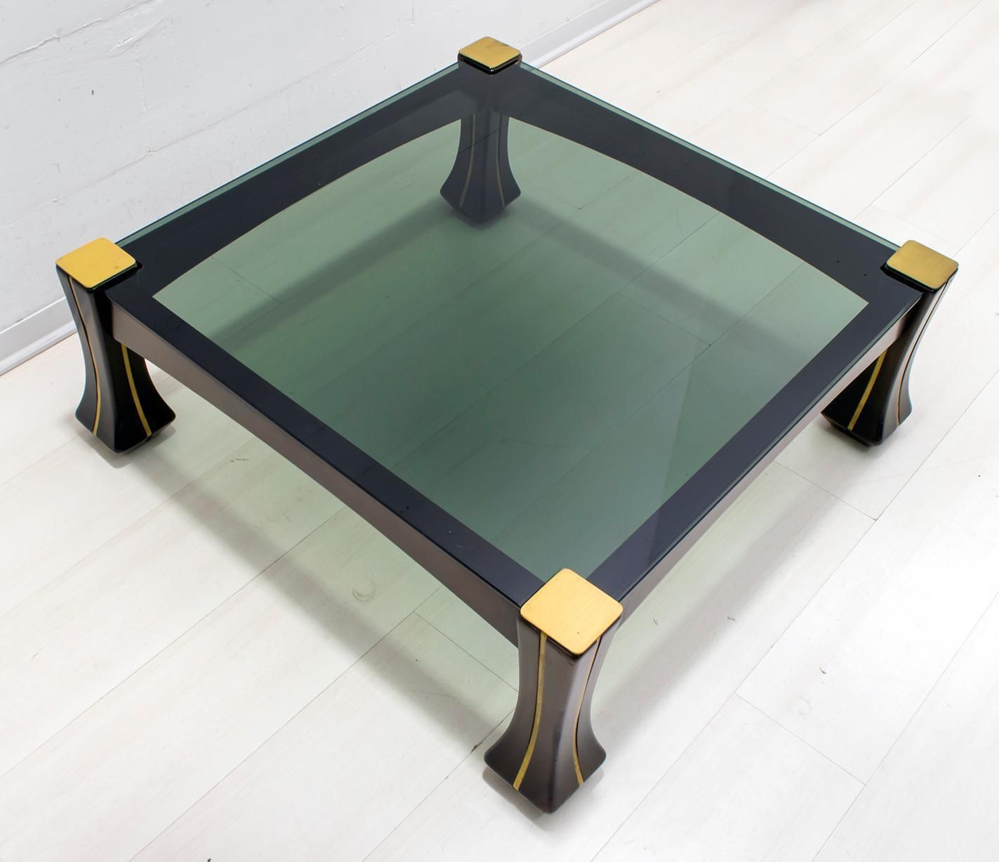 Luciano Frigerio Midcentury Italian Wood And Brass Coffee Table "Ussaro", 1970s photo vinterior