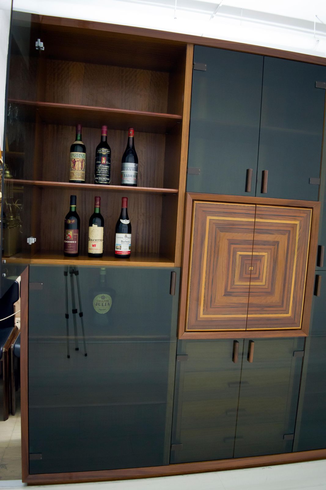 photo furniture Signed Luciano Frigerio Rare Italian Inlaid Bar Cabinet "Paganini", 1975s