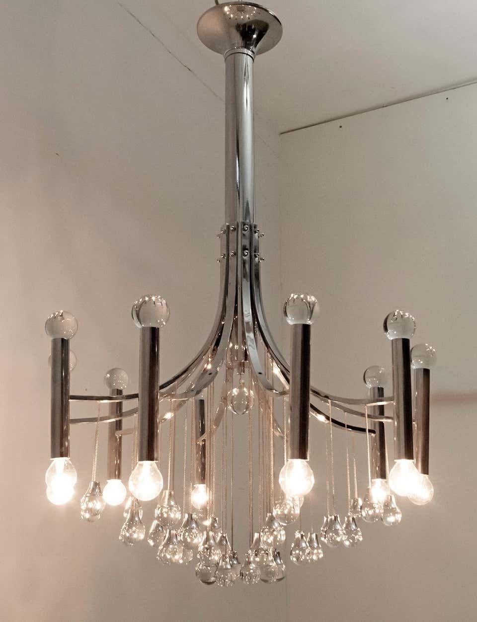 Gaetano Sciolari Mid Century Modern Italian Chrome And Glass Chandelier, 1970 photo Lighting