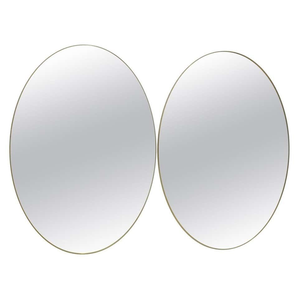 Pair Of Mid Century Modern Italian Oval Mirrors Brass And Bronzed Mirror, 1970s
