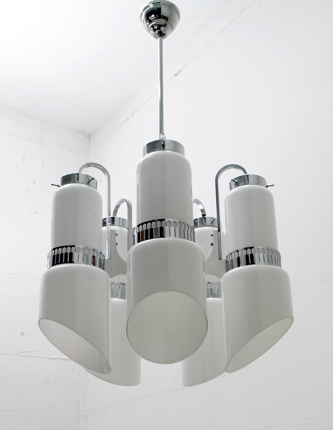 Vistosi Mid Century Italian Murano Glass And Steel "Incamiciato" Chandelier, 60s photo furniture