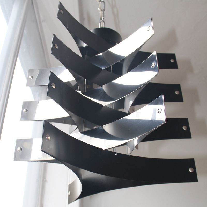 A Geometric Black & Polished Aluminium Ceiling Light, In The Manner Of Max Sauze. Italy, 1960s. In Immaculate Condition.