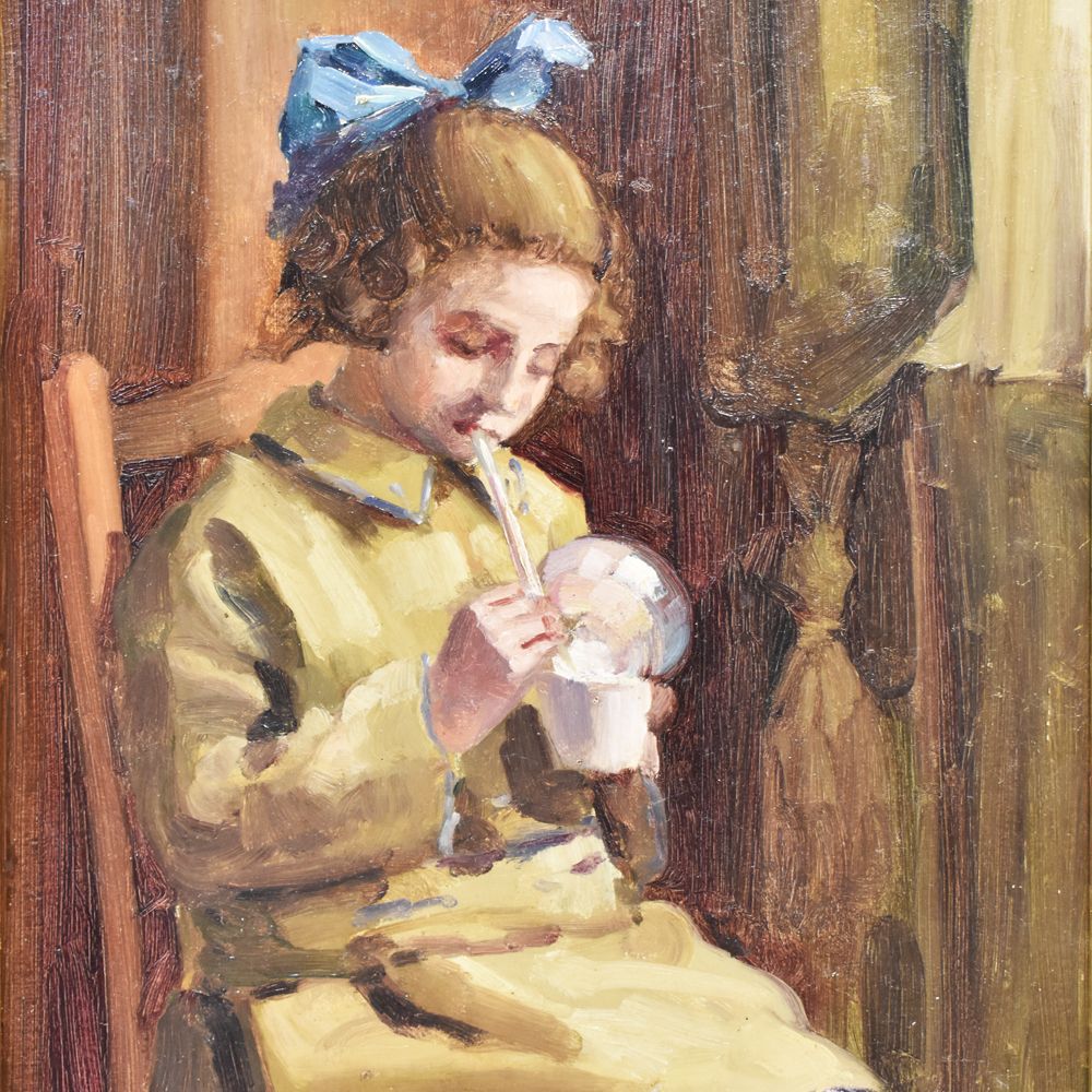 Portrait Painting, Child Playing, Art Deco, Oil On Wood, Early 20th Century. (Qr189) photo Art