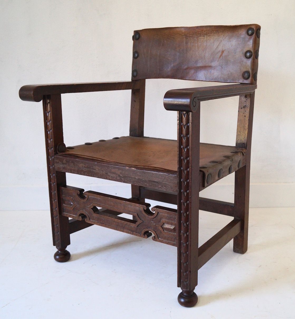 Antique French Louis XIII Leather Seated Armchair photo furniture