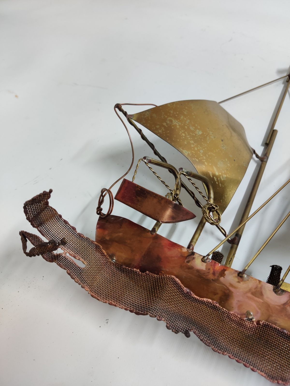 Large Daniel D’haeseleer Sailing Vessel Wall Light Sculpture In Solid Copper And Brass, 1970's photo vintage