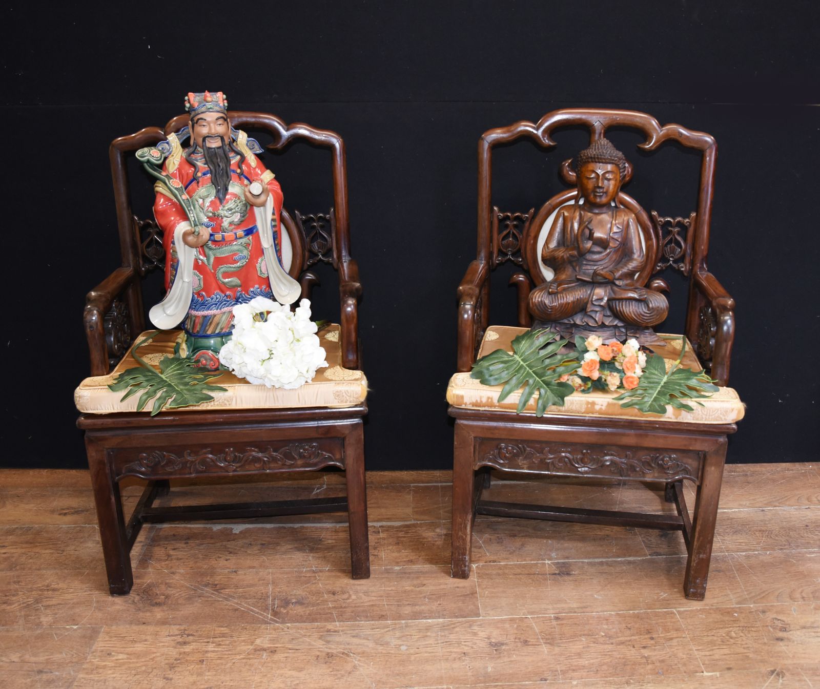 Furniture Pair Antique Chinese Armchairs Hardwood 19th Century Seat Chair photo