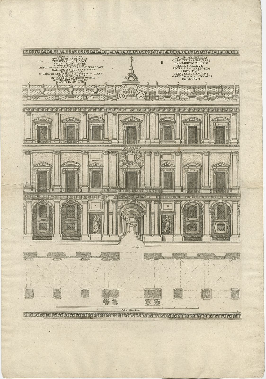 Antique Print Of The Royal Palace Of Naples (C.1760)