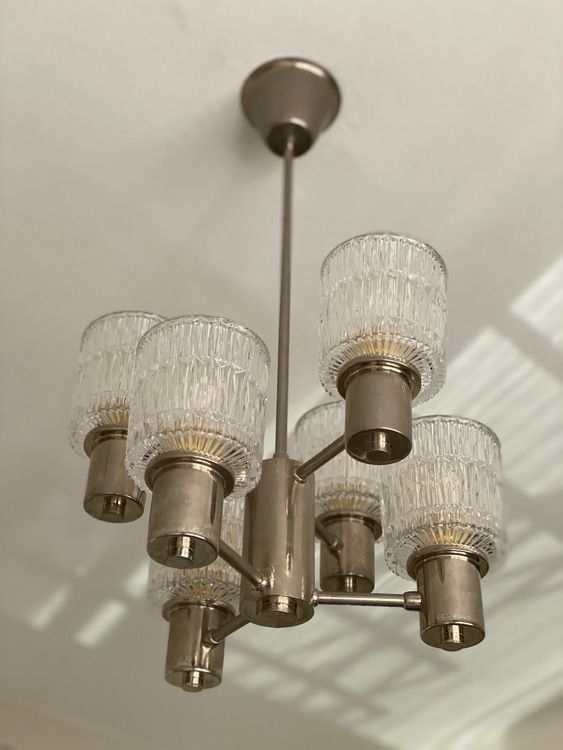 Tyringe 6 Armed Crystal Chandelier With Textured Glass Shades 1960s photo furniture