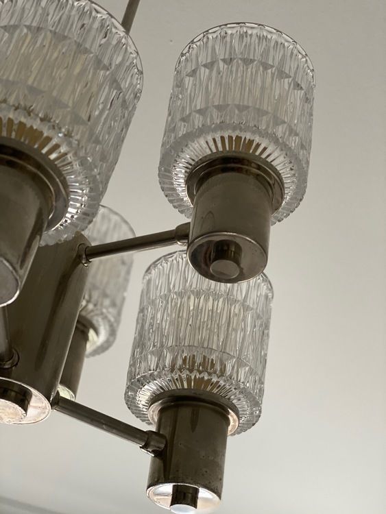 Tyringe 6 Armed Crystal Chandelier With Textured Glass Shades 1960s photo vinterior