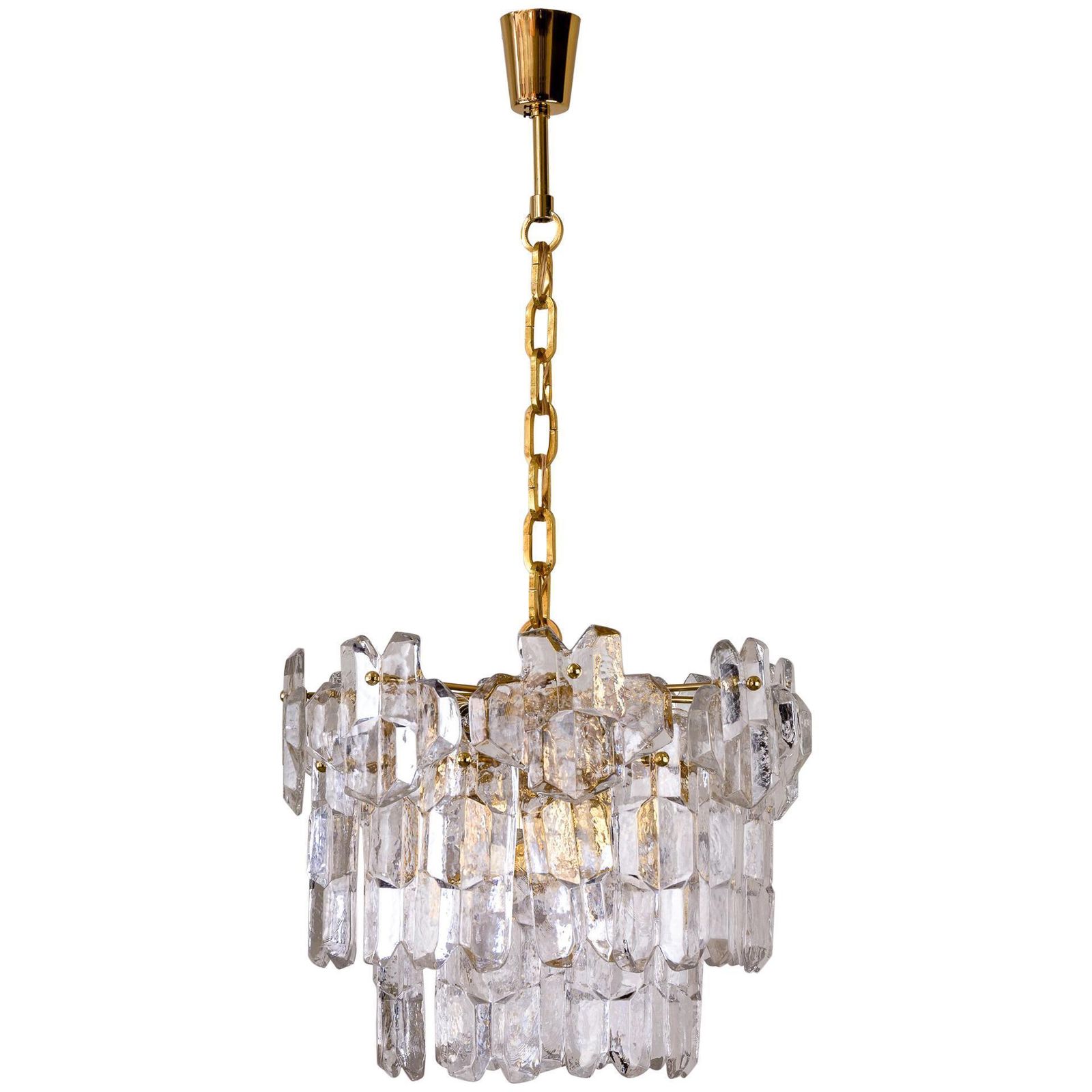 J.T. Kalmar Palazzo Chandelier Gold Brass Glass, 1970s