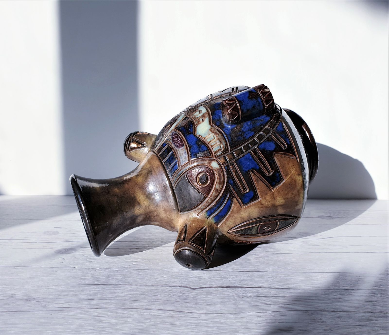 Guérin  By Roger Guérin, Double Sided Decor Salt Glaze Stoneware Vase | 1940s, Belgian, Rare photo vintage