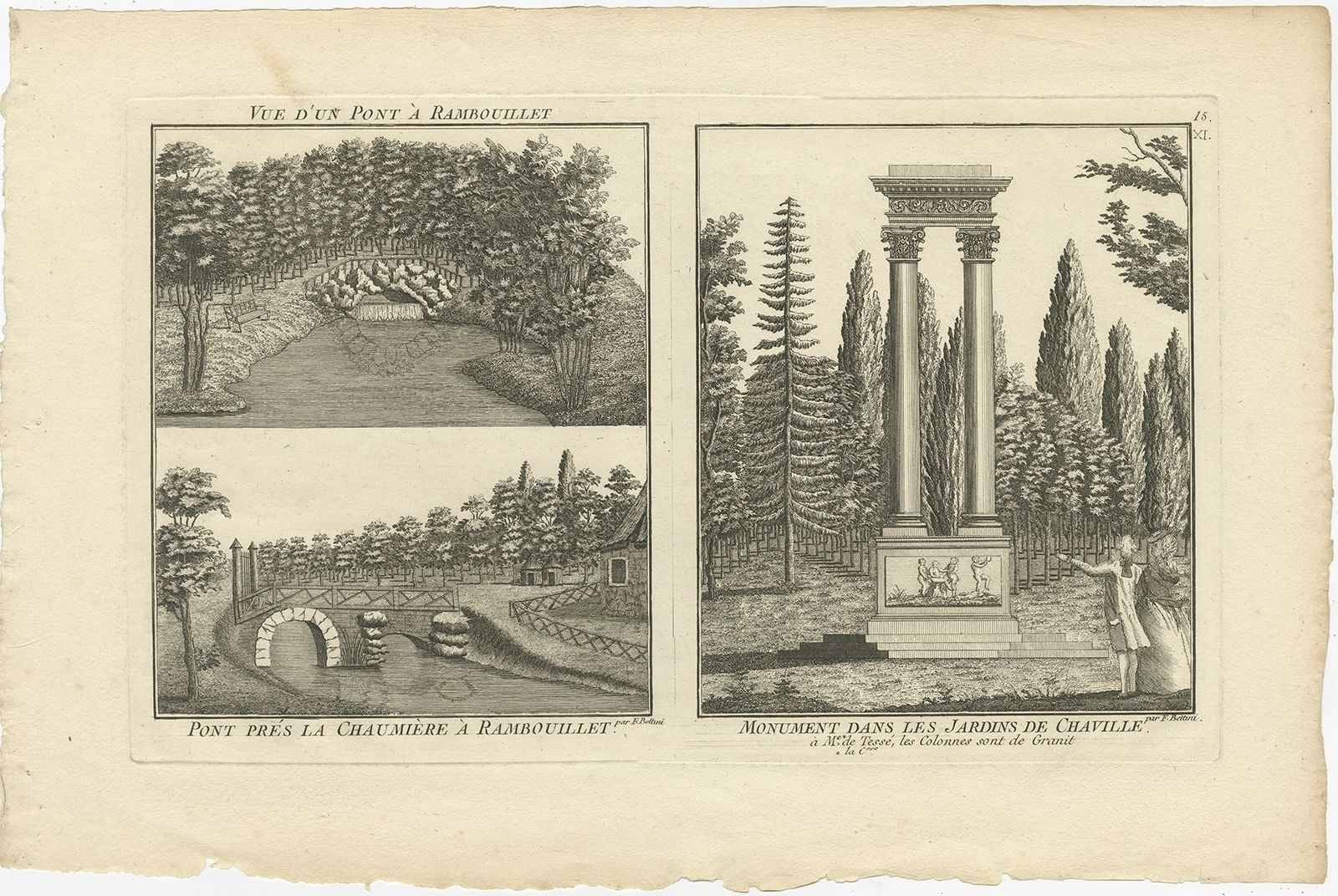 Pl. 15 Antique Print Of Various Views Of Rambouillet By Le Rouge (C.1785)