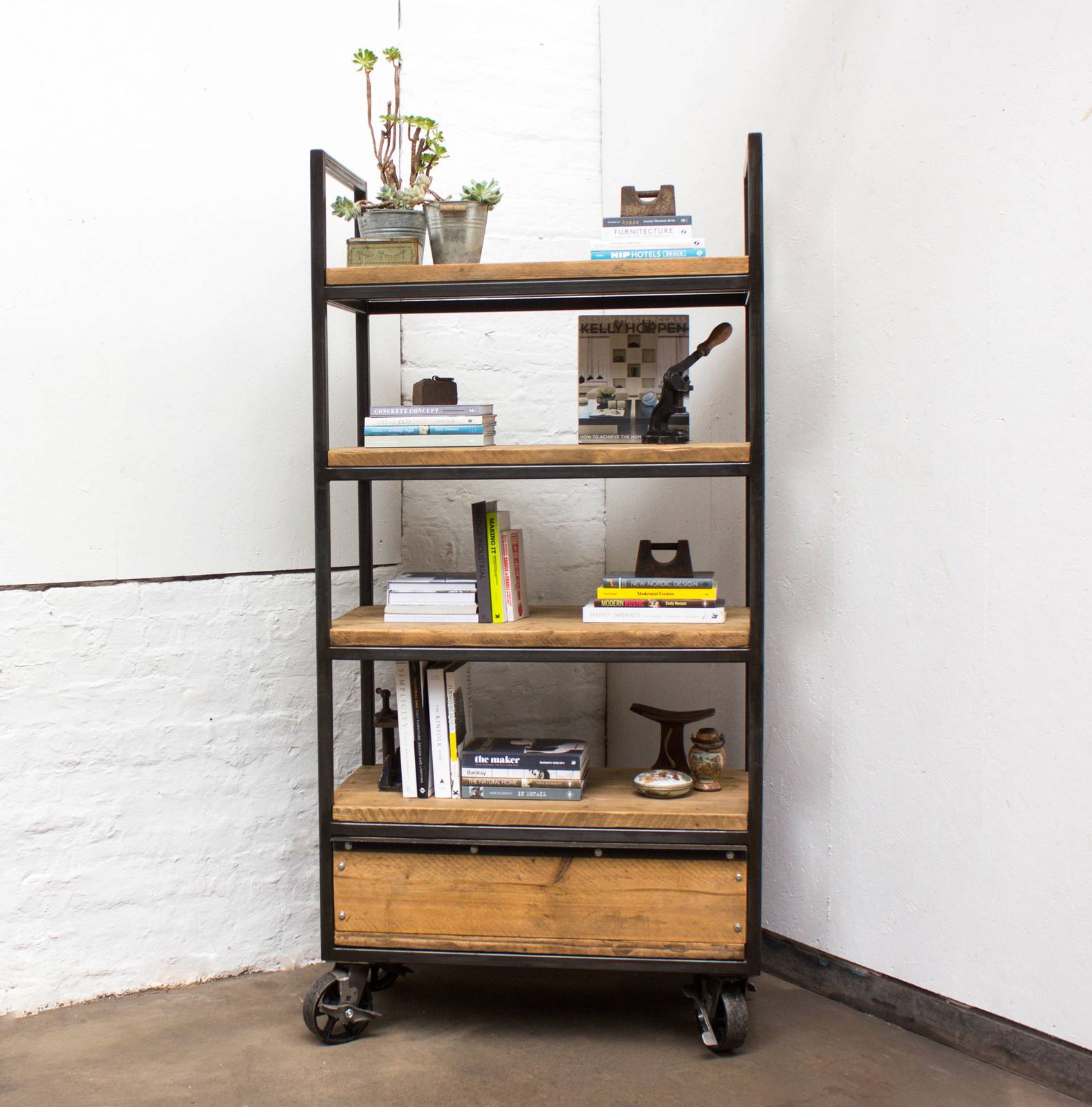 Ralph Bespoke Reclaimed Scaffolding Boards And Welded Dark Steel Box Section Framed Free Standing Shelves With Locking Drawer And Castors photo vinterior