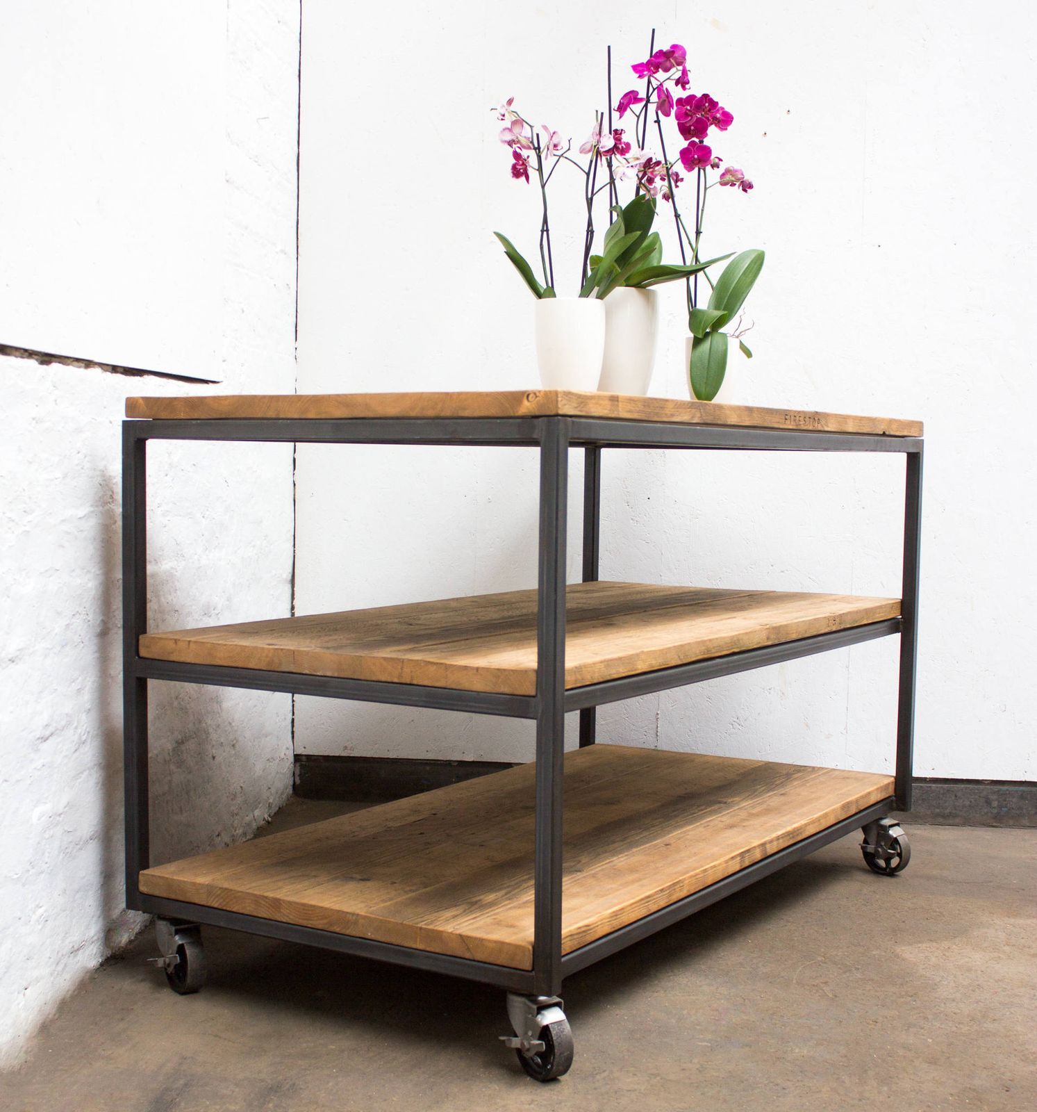 Charlie Bespoke Reclaimed Scaffolding Boards And Welded Dark Steel Box Section Framed Table With Shelves And Braked Vintage Castors