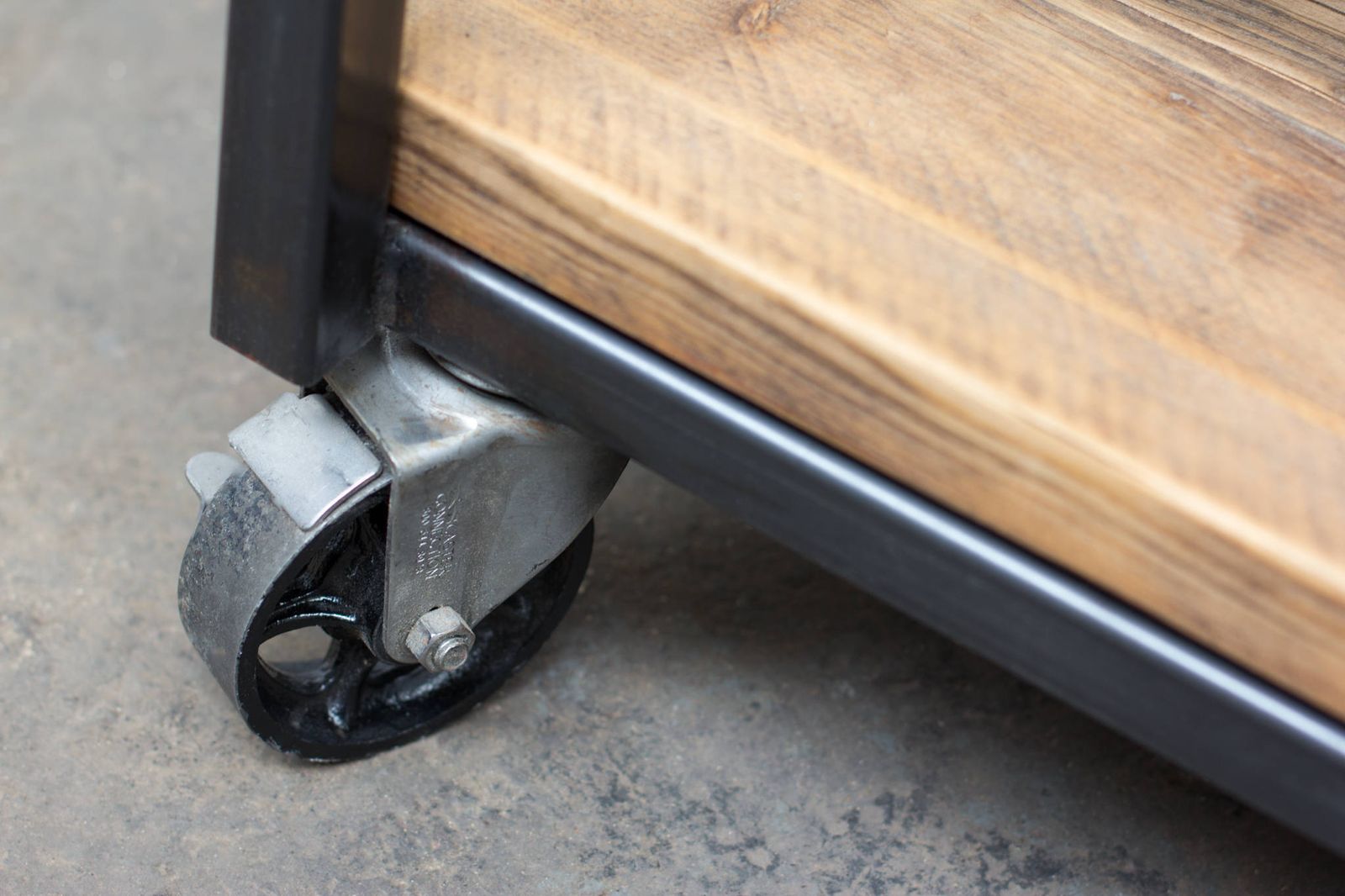 Charlie Bespoke Reclaimed Scaffolding Boards And Welded Dark Steel Box Section Framed Table With Shelves And Braked Vintage Castors photo Furniture