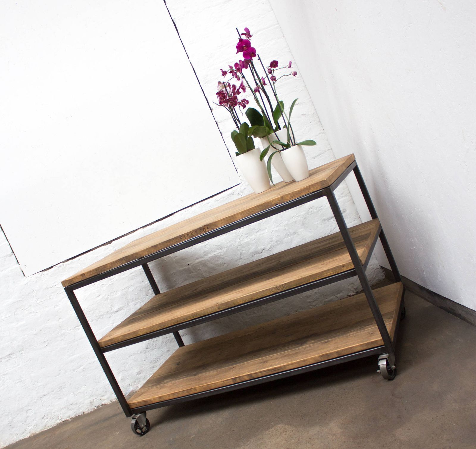 Charlie Bespoke Reclaimed Scaffolding Boards And Welded Dark Steel Box Section Framed Table With Shelves And Braked Vintage Castors photo 1485.0