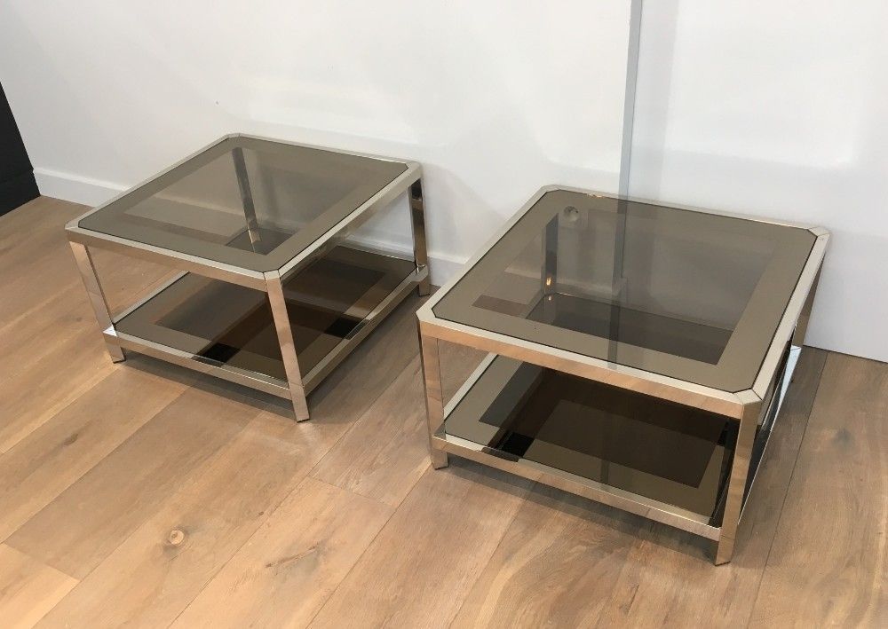 Pair Of Large Octogonal Chromed Side Tables With Bronze Glass Tops. French. Circa 1970 photo for sale