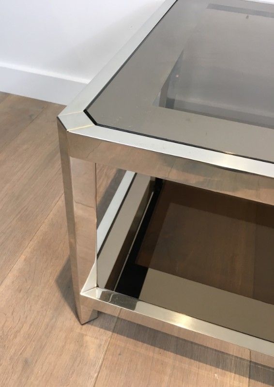 Pair Of Large Octogonal Chromed Side Tables With Bronze Glass Tops. French. Circa 1970 photo buy