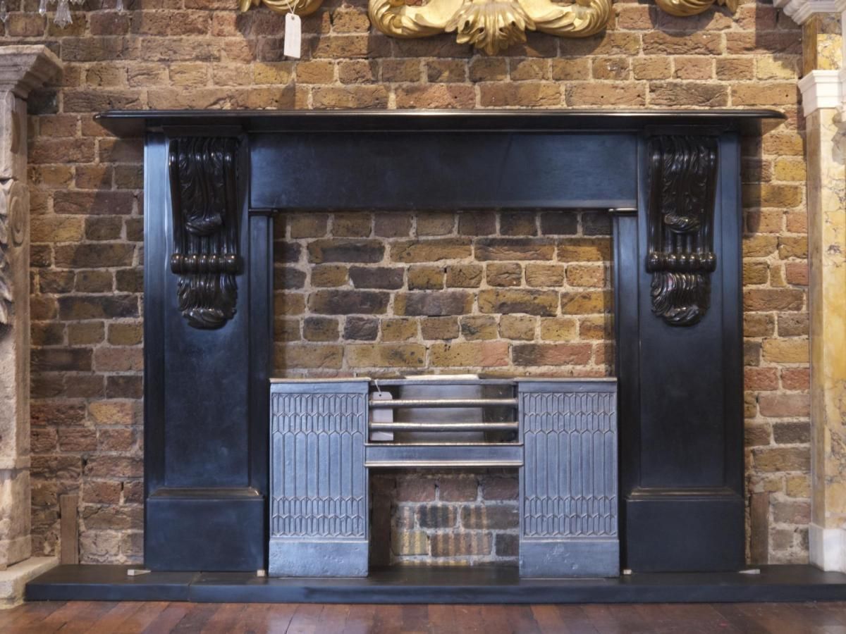 Reproduction Large Black Belgian Fossil Carved Marble Corbel Fireplace