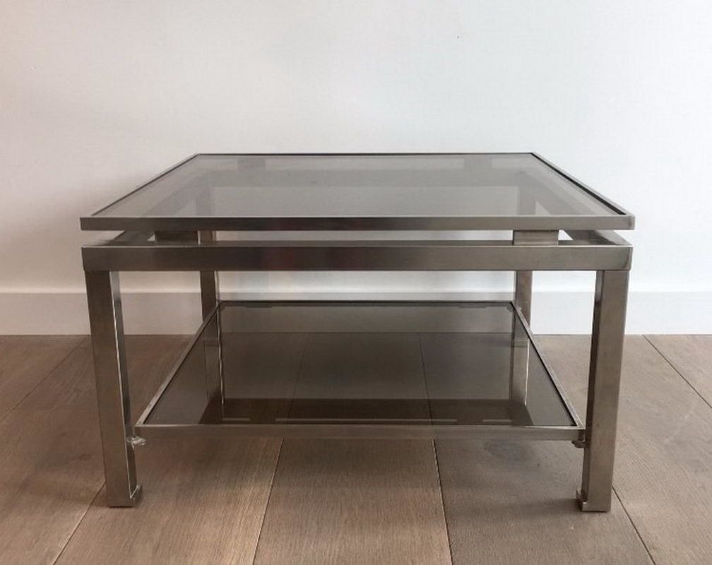 Pair Of Brushed Steel Side Tables With Smoked Glass By Guy Lefèvre For Maison Jansen. Circa 1970 photo buy