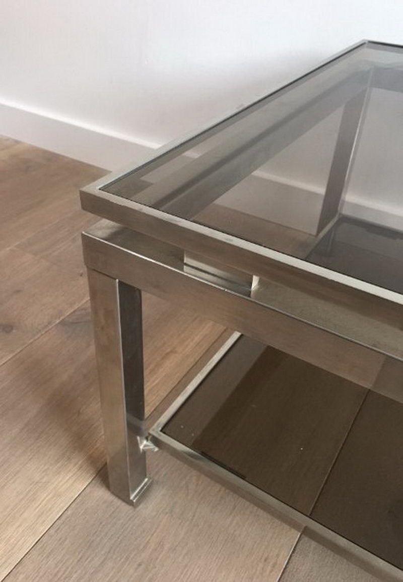 Pair Of Brushed Steel Side Tables With Smoked Glass By Guy Lefèvre For Maison Jansen. Circa 1970 photo vintage