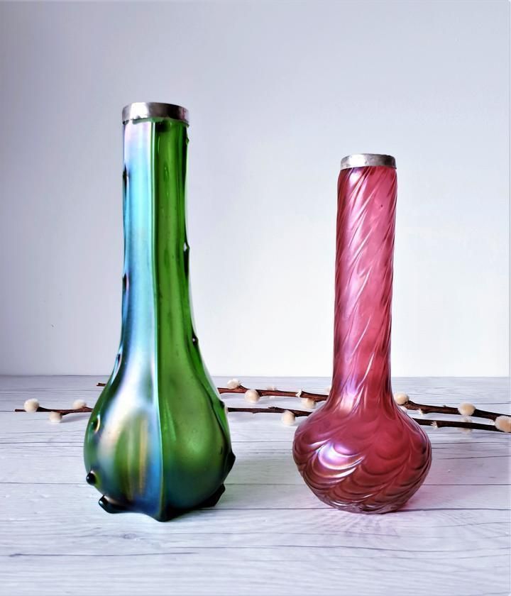 Antique 1900s Kralik Draped Decor, Iridescent Cranberry And Silver Collared Bohemian Art Glass Vase photo for sale