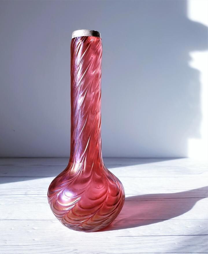 Antique 1900s Kralik Draped Decor, Iridescent Cranberry And Silver Collared Bohemian Art Glass Vase photo Home Decor